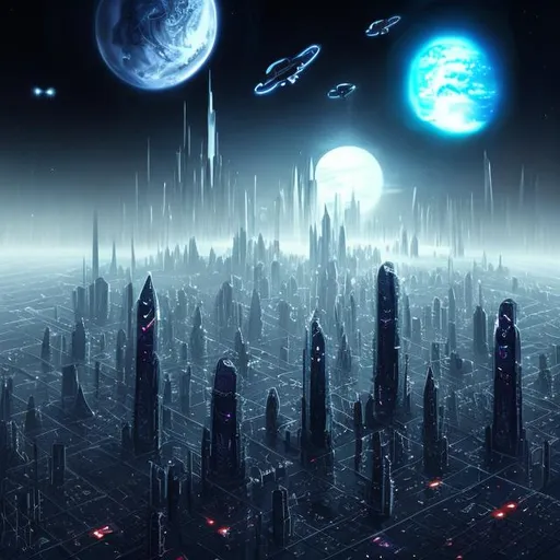 Prompt: Futuristic Tall black towers on deep dark ocean dark sky spaceships night lights hover ships dark tall city lots and lots of small floating ships hovering above clouds big planet with rings closeby spaceships hovering super tall mega skyscraper