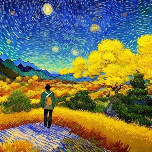 Prompt: A well-dressed man [High Fashion], wandering in the mountains, a wooden cabin in the distance. peaceful atmosphere. Character by Hirohiko Araki. background by Vincent Van Gogh {Skies painted by Vincent Van Gogh}. Background by Bob Ross {Mountain painted by Bob Ross}.