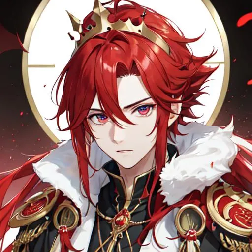 Prompt: Zerif 1male (Red side-swept hair covering his right eye) king, UHD, highly detailed, award-winning, detailed