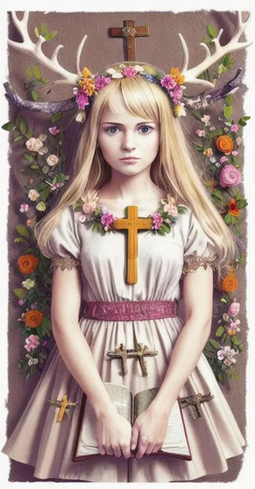 Prompt: Blond girl with flowers in her hair, antlers, crucifix around her neck, wearing a dress, holding a bible
