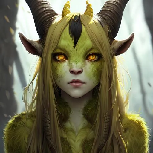 Prompt: mossy skin, goat horns, yellow animalistic eyes, by wlop