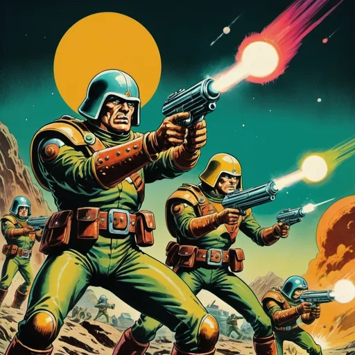 Prompt: Futuristic-retro futurism illustration of Strontium Dog shooting mutants, vintage sci-fi comic art, detailed characters, vibrant and retro color palette, dramatic lighting, high quality, professional, action-packed, intense atmosphere, detailed weaponry, gritty and raw, futuristic-retro futurism, dynamic composition, detailed mutants, dynamic and intense action, vintage comic art style, vibrant retro colors