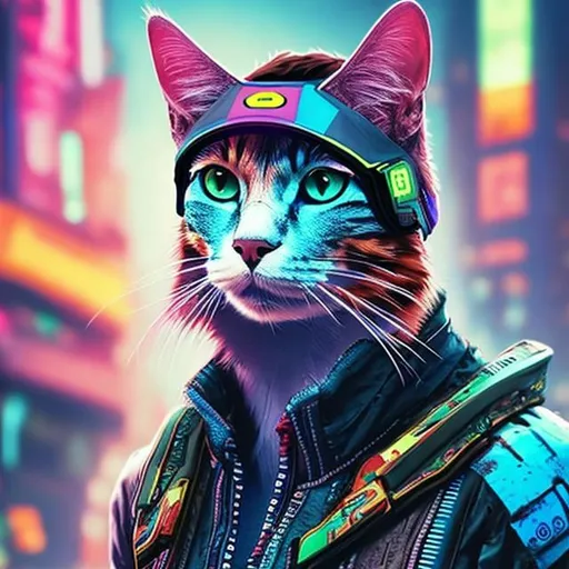 Prompt: colorful cyberpunk cat with  modern visor
