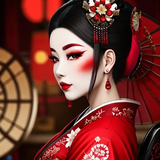 Prompt: Ruby lady-a geisha all in red, full face, elegant, facial closeup