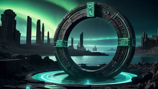 Prompt: magical portal between cities realms worlds kingdoms, circular portal, ring standing on edge, upright ring, freestanding ring, hieroglyphs on ring, complete ring, ruins, ancient roman architecture, atlantis city plaza setting, aurora borealis, panoramic view, dark night, futuristic cyberpunk tech-noir setting