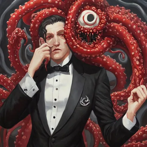 Prompt: An oil painting of a kraken cultist wearing a tuxedo with a red undershirt, the cultist's face is made of tentacles that spill out from the top of the suit. the cultist has two arms and two legs