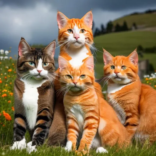 Prompt: 3 warrior cats sitting next to each other, one of the cats has white fur, one of the cats has black fur, and one is a beautiful orange tabby cat, the cats are sitting in a beautiful meadow with their tails held high, the weather is gloomy.