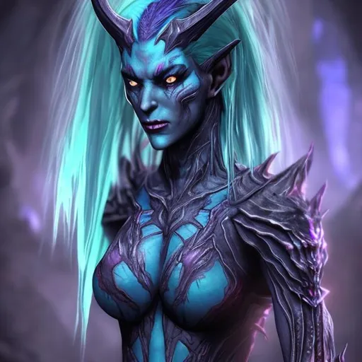 Prompt: blue haired daedric female demon aspect