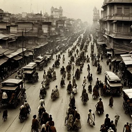 Prompt:  busy rush hour on the hot streets of Kolkata in the mid 1890's
