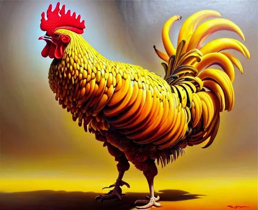 Prompt: Detailed oil painting of a rooster made out of kumquats and bananas , style of roger dean artgerm and wlop, intricate, detailed, masterpiece, colorful, cinematic framing, lemons