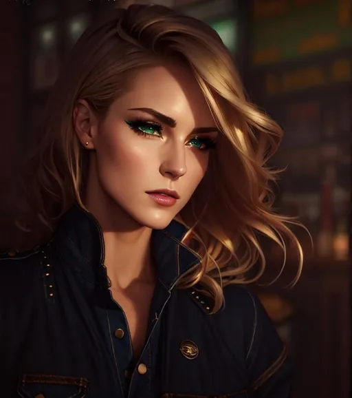 Prompt: oil painting, UHD, hd , 8k, , Very detailed, panned out view with whole character, female character with dark icy green eyes, blonde hair with bangs, hot, full body, cool, menacing, v-cut, muscular figure, high cheekbones, dive bar background, perfect, sleeves rolled, denim jacket, bruised lip, bloody nose