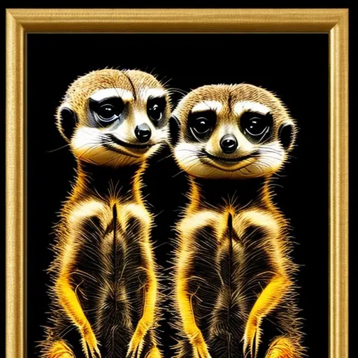 Prompt: Black background, meerkat, black, gold, wall art