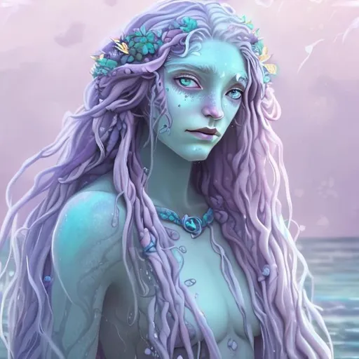 Prompt: A female water genasi druid with lilac and pink long hair, Dewey pale blue skin and ocean eyes. She's a wise healer but also a bit wild from being raised by the moon.