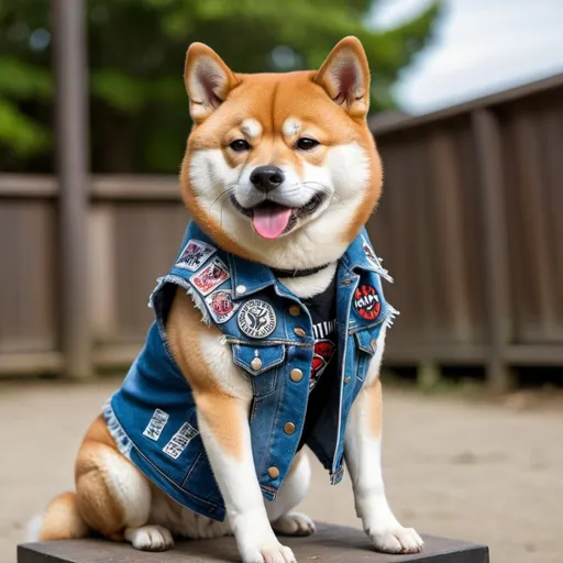 Prompt: shiba inu wearing a heavy metal music denim vest with patches
