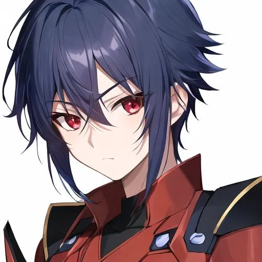 Prompt: Boy of youthful appearance with short dark blue hair and red eyes. Garnet has a cold look on his face and wears a red-orange uniform. 