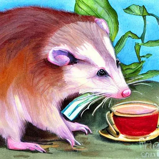 Prompt: opossum drinking tea painting