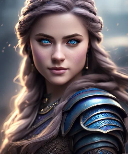 Prompt: create most beautiful fictional female viking princess warrior, dark purple hair, light blue eyes, extremely detailed environment, detailed background, intricate, detailed skin, professionally color graded, photorealism, 8k, moody lighting