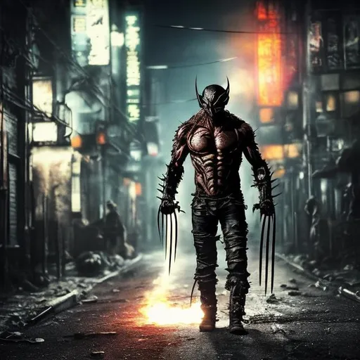 Prompt: Redesigned Gritty black and metal copper (some iodised) detailed barbed wire armour (X-Men style). dark evil wolverine. Injured. Bloody. Hurt. Damaged mask. Accurate. realistic. evil eyes. Slow exposure. Detailed. Dirty. Dark and gritty. Post-apocalyptic Neo Tokyo with fire and smoke .Futuristic. Shadows. Sinister. Armed. Fanatic. Intense. 