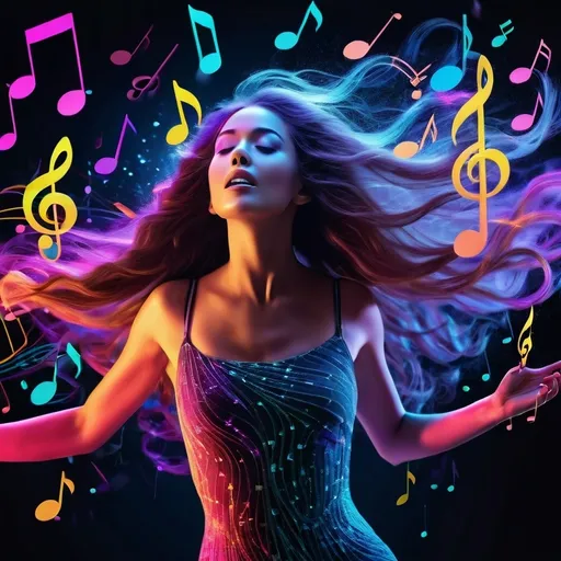 Prompt: 3D render of a woman with long flowing hair made of cascading musical notes, each note releasing a burst of vibrant color. Around her, ethereal particles of neon hues move, capturing the essence of a musical symphony in a visual spectacle.