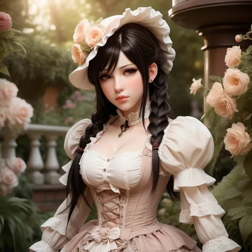 Prompt: (realistic Tifa), ruffled (Victorian gown), elegant bonnet, intricate lace details, soft flowing fabric, delicate floral patterns, (dynamic pose), dreamy ambiance, warm color tones, softly diffused lighting, high-quality (ultra-detailed), lush background of a Victorian-era garden, whimsical atmosphere, enchanting feel.