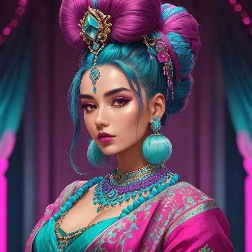 Prompt: An extremely gorgeous woman,  with top knots full of cyan jewels, in color scheme of cyan and magenta