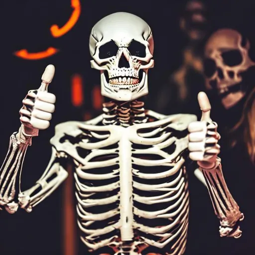 Prompt: A skeleton with one thumbs up in a halloween party