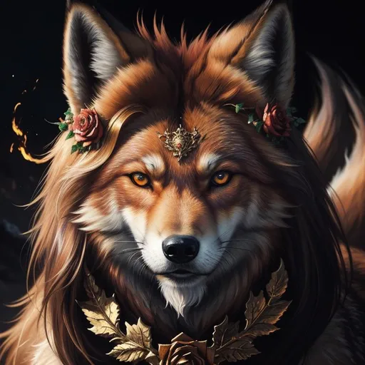 Prompt: masterpiece, epic oil painting, fantasy art, insanely beautiful portrait of a brawny rugged fox-wolf, (quadrupedal canine), UHD, HDR , 8k eyes, detailed face, big anime intense eyes, gold leaf wreath, dense rose-gold fur, flaming eyes, intricate details, insanely detailed, masterpiece, cinematic lighting, hyper realistic, hyper realistic fur, 8k, complementary colors, insanely beautiful and detailed mountain peak castle, golden ratio, high octane render, photo realism, volumetric lighting, glaring, growling, wise, depth, high definition face, highly detailed intense shading, unreal 5, concept art, artstation, top model, sunlight on hair, sparkling gold jewels on crest, intricate hyper detailed breathtaking colorful glamorous scenic view landscape, ultra-fine details, hyper-focused, deep colors, intense colors, dramatic lighting, ambient lighting, by sakimi chan, anne stokes, artgerm, wlop, pixiv, tumblr, instagram, deviantart