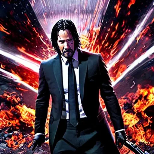 Prompt: John Wick surrounded by destruction 