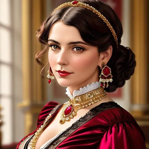Prompt: Wealthy, stylish lady of the Victorian era, wearing ruby and gold jewelry, wearing ,facial closeup