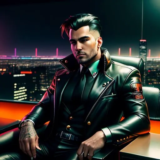 Prompt: Create an intensely detailed, high-resolution portrait capturing a man seated in the office chair the suit of a cyberpunk-infused vintage muscle car. Parked on the outskirts of a sprawling cyberpunk city, he gazes at the cityscape, an urban jungle ablaze with neon lights against the dark mantle of night.

Her attire, a high-collared cyberpunk jacket accentuated with yellow trims, and distressed jeans, perfectly echoes the setting. Complement the look with sneakers, also highlighted with yellow trims. his face, meticulously captured, should convey a depth of emotion that reflects the city's pulsating energy.

The sky, sprinkled with stars, should be softly illuminated by the neon glow from the city, adding a fantastical touch to the otherwise stark, desert landscape around the city.

With a firm focus on professional-grade photography standards, attention to detail, and realistic lighting, your mission is to create a portrait that fuses the wild energy of the cyberpunk aesthetic with the man's personal charisma.