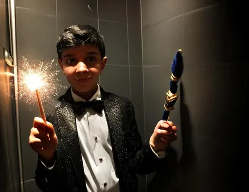 Prompt: 13 year old boy cast a crazy magic spell on someone inside the toilet stall with his magic wand from the outside. Only show the outside of the stall. Lots of sparkle magic from the magic spell spewing out from the top of the stall. Show the boy in the tuxedo with his magic wand casting the spell outside the stall 