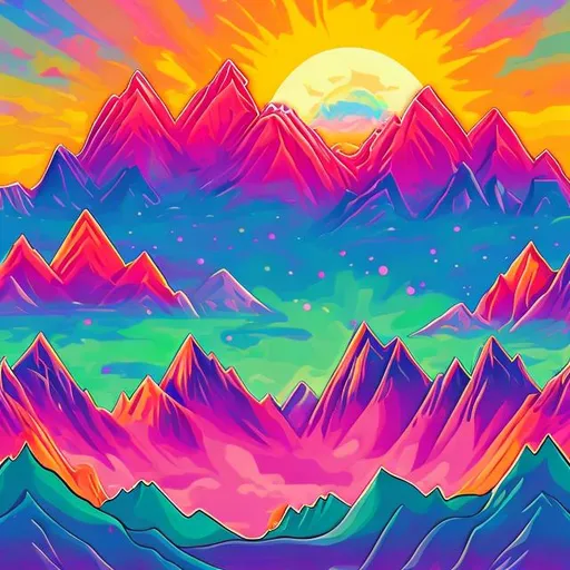Prompt: Sun rising over mountains in the style of Lisa frank