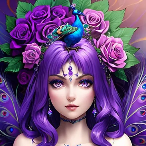 Prompt:  peacock fairy goddess, purple roses, facial closeup