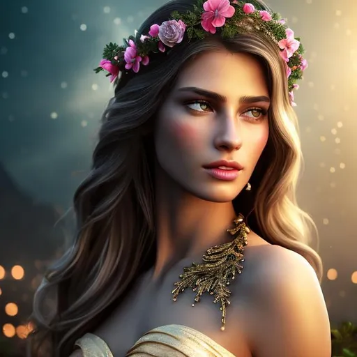 Prompt: HD 4k 3D 8k professional modeling photo hyper realistic beautiful young slender woman ethereal greek goddess of justice
dirty blonde hair brown eyes gorgeous face brown skin shimmering dress jewelry laurel wreath headpiece  full body surrounded by magical glowing light hd landscape background enchanting sky and heavens scales of justice