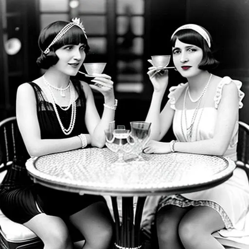 Prompt: Two 1920s  Flappers with diamond headpiece sitting at a table drinking tea