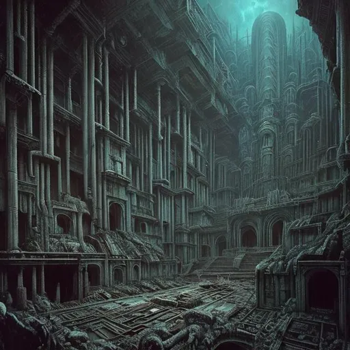 Prompt: fantasy sci-fi necropolis giger realistic lovecraft detailed  otherworldly dystopian abandoned interior
 temple post-apocalyptic beksinski  