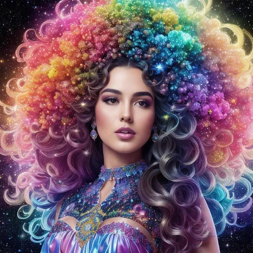 Prompt: multi colored julia clusters Fractal exists in the background knowledge of the multi colored dyson sphere surrounding the star foreground knowledge of the world in A beautiful fantasy Miss Universe femalefully dressed,  glossy lips, highly detailed full body, just one head, long flowing black balayage hair, figure, shimmery background with stars and julia clusters newton fractals, crown on head, epic composition, ultra wide-shot, dynamic pose, concept art, dramatic lighting, digital painting, smooth, character design, ((sharp focus))