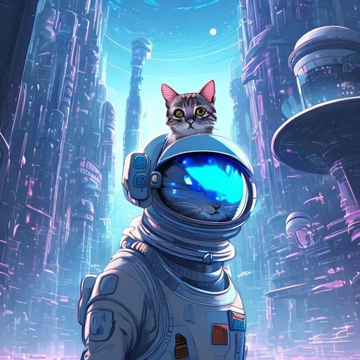 Prompt: A cat in a futuristic city with a space helmet 