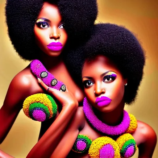 Prompt: chocolate bold vivid female avatar with hair in afro. And fine African Jewels. Juicy lips and big eyes