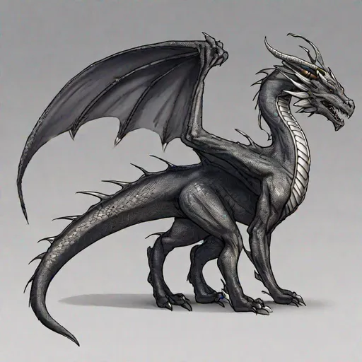 Prompt: Concept designs of a dragon. Full dragon body. Dragon has four legs and a set of wings. Side view. Coloring in the dragon is predominantly very dark grey with silver streaks or details present.