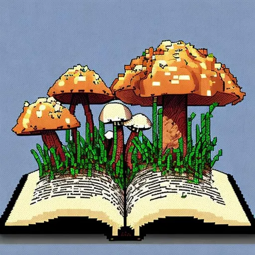 Prompt: Dafodills and mushrooms growing from a book. In pixel art style