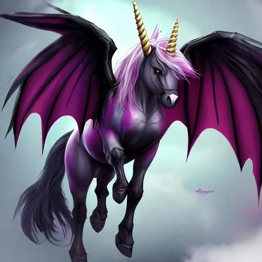 Prompt: Realistic Unicorn batwings pony hybrid blood red fur black hooves black mane and tail with red highlights Black Horn black eyes