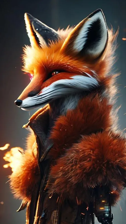 Prompt: Realistic fox coming down from tree, fox tail emit fire, detailed eyes, motion, fur visible from top, cyberpunk