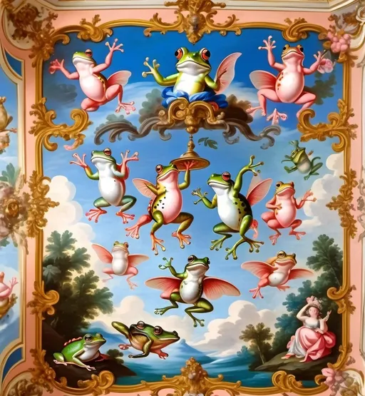 Prompt: A large rococo style ceiling fresco but all the people are frogs. The realistic frogs are dressed in flowing fabrics and some have angel wings. The frogs are green. The frogs dressed in ancient Greek clothes. The frogs are small and there are many of them.  The frogs talk amongst themselves, play music, look at other frogs on the other side of the painting. It has beautiful blue and pink hues that make it feel dreamy and warm. The sky is blue the clouds are pink. The camera is pointing straight up at the ceiling with the fresco taking up the space in the photo 