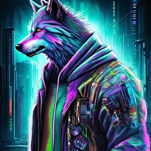 Prompt: colorful cyberpunk wolf
 with hoodie

