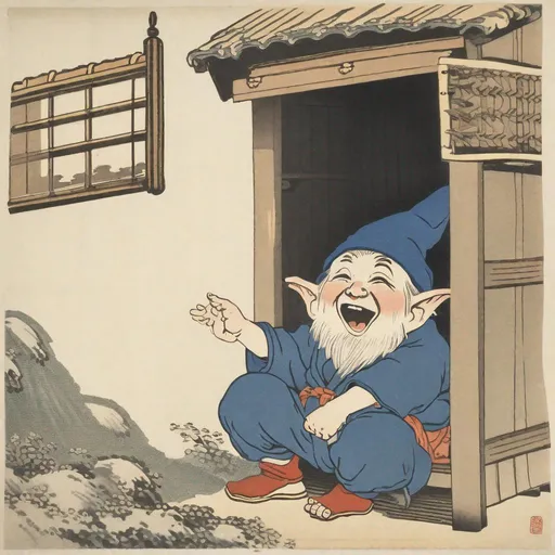 Prompt: a gnome in his house waking up and yawning in the morning upon waking up  by Hokusai