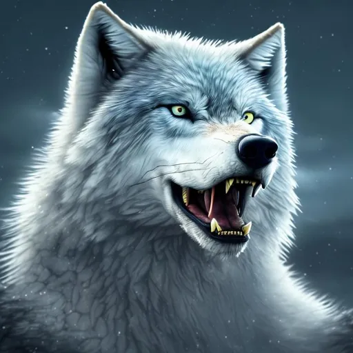 Prompt: snarling white and grey wolf looking into distance, nautical detail, intricate blue pupil eye detail, moonlit,  HDR, 8k, fantasy art, 64k