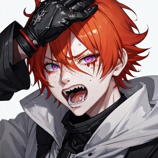 Prompt: Erikku male adult (short ginger hair, freckles, right eye blue left eye purple) UHD, 8K, Highly detailed, insane detail, best quality, high quality, covered in blood, covering his face with his hand, wide eyes, insane, fear, threatening, laughing, angry, fighting, psychopathic, anime style,