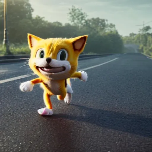 Prompt: A high quality CGI Sonic The CAT Running 
across the road being chased by the egg man pickachu-cat