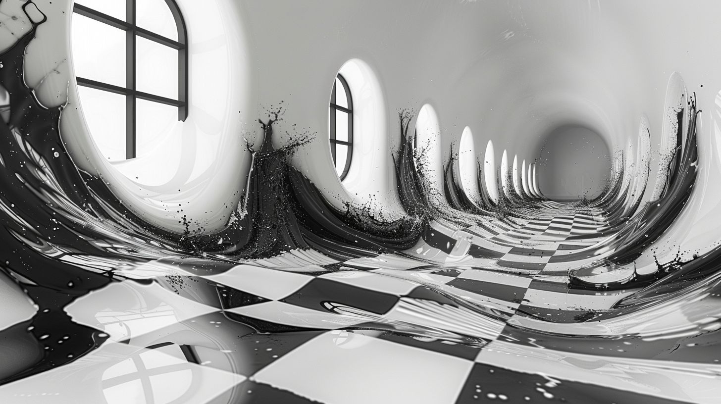 Prompt: 3d black and white checkerboard vector walls within a room, 3d liquid black and white vector entites emerge from the walls of the room